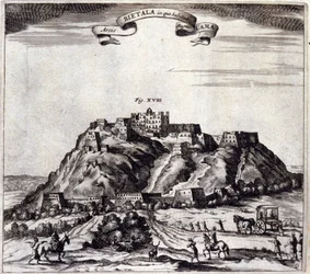 Tiibet. Näkymä Pothalaan, palatsiin tai Dalai Lamaan Lhasassa. Athanasius Kircherin (1601 - 1680), jesuiitta, orientalisti ja saksalainen tutkija, "De China Monumenta", Amsterdam 1667.