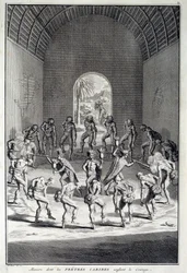 Perinteinen tanssi: Rites in the karibs dance of courage, Länsi-Intia (Keski-Amerikka). Kaiverrus 1700-luvulta. Chartres, Kuvataidemuseo