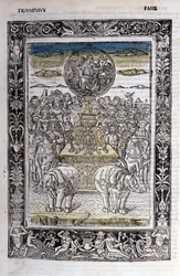 Francesco Petrarcan (Petrarca) maineen voitto. Miniatyyrit sd. Bibl. Trivulziana, Milano.