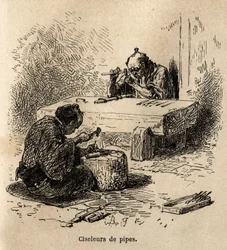 Kaksi työntekijää, molemmilla vasara ja meisti, veistävät metalliputkia työpajassaan. Kaiverrus havainnollistamaan matkaa Japaniin, Sveitsin valaliiton ministeri Aime Humbert vuosina 1863-1864, julkaistu "" le tour du monde" -lehdessä, ohjauksella