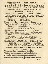 Utopiensium Alphabetum (Utopian aakkoset) Sir Thomas Moren (1478-1535) Utopian kolmannesta painoksesta vuodelta 1518.