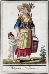 Venetsialainen kylä poikansa kanssa. 1700-luvun kaiverrus.
