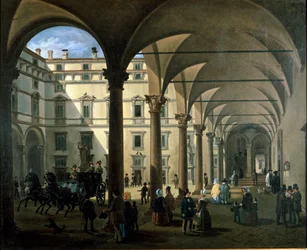 Näkymä Arcivescovadon tuomioistuimesta Milanossa (maalaus, n. 1850)