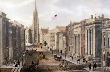 Näkymä New Yorkista: Wall Streetin näkymä William Streetille. Litografia sd. noin 1800-luvun puolivälissä.