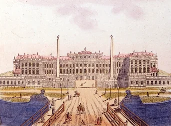 Näkymä Schonbrunnin linnalle, Itävallan keisarillisen perheen entiselle asuinpaikalle, Wien, Itävalta, kaiverrus vuodelta 1820