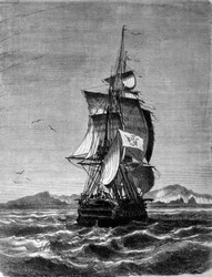 Näkymä itävaltalaisesta fregatti Novarasta St. Paulin saaren edessä Intian valtamerellä vuonna 1857. Kaiverrus 1800-luvulta