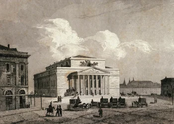 Näkymä Bolchoi-teatterista Moskovassa, Venäjällä vuonna 1838 Kaiverrus 1800-luvulta