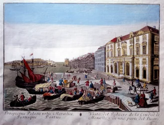 Näkymä Hotel de Villestä ja osasta Marseillen satamaa Kauppa ja tavaroiden purkaminen satamassa. Anonyymi kaiverrus 1700-luvun Marseillesta, Musee de la Marine