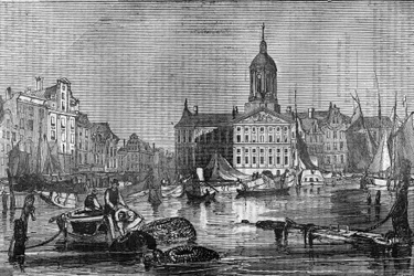 Näkymä Amsterdamin kaupunkiin ja vanhalle kaupungintalolle 1800-luvulla.