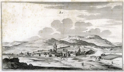 Näkymä Ayn kaupunkiin. Kaiverrus 1700-luvun lopulta.