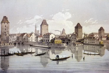 Näkymä Strasbourgin kaupunkiin Reinin rannalla. 1800-luvun kaiverrus Paris, B.N.