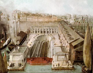 Näkymä vuonna 1852 vihitty Napolin sataman kuivaruumaan (Näkymä Napolin kuivatelakan yli) Maalaus 1800-luvun Museo di Capodimonte Napolista