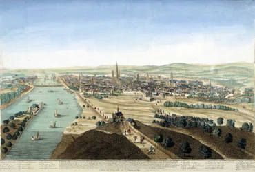 Näkymä satamaan ja Rouenin kaupunkiin; Kaiverrus 1700-luvulta.