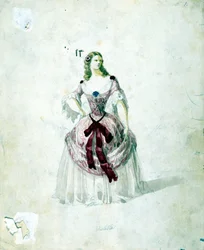 Violetta-asu Giuseppe Verdin oopperaan "La Traviata" La Scalaan vuodelta 1855.