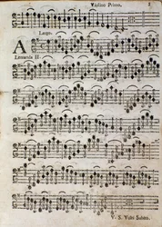 Viulu. Nuottisivu kappaleelle Balletto a 3, op. 3, kirjoittanut Thomas Albinoni (1701)