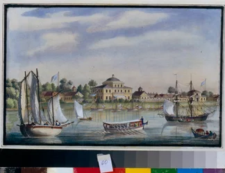 "Yelaginin palatsin (Yelagin) ulkokuva Jelaginin saarella Pietarissa Venäjä"" Akvarelli noin 1840 AS Pushkinin valtionmuseo, Moskova