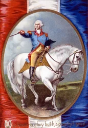 Joka ei tiennyt muuta kunniaa kuin maansa etu: George Washington (1732 - 1799) ratsastaa medaljongissa Ranskan lipun selässä. kromolitografia 1800-luvulta.