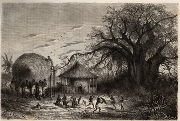 Naisia Zambezen laitamilta heiluttaen majoja ja etualalla lasten leikkejä. Kaiverrus havainnollistamaan tohtori Livingstonen ensimmäisiä matkoja Etelä-Afrikkaan vuosina 1840-1856 "Le tour du monde, nouveau journal des voyages" -julkaisussa, joka julkaistii
