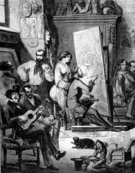 Taidemaalarin työpaja 1800-luvulla. Jotkut soittavat musiikkia, toiset tupakoivat maalarin piirtämisen aikana. Kaiverrus 1800-luvulta