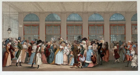 Maailmankävely Palais Royalin puisessa galleriassa, 1700-luvun lopulla - kromo Debucourtin kaiverruksen jälkeen