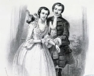 Nuori mies seurustelee nuoren naisen kanssa, deb. 1800-luvulla