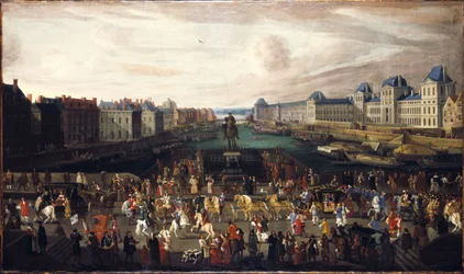 Pont Neuf nähtynä Place Dauphinen sisäänkäynniltä, Quai Malaquais ja rakenteilla oleva Collège des Quatre-Nations, Grande Galerie sekä Louvre, noin 1665. Kulkue ylittää sillan, vuosien 1665 ja 1669 välillä