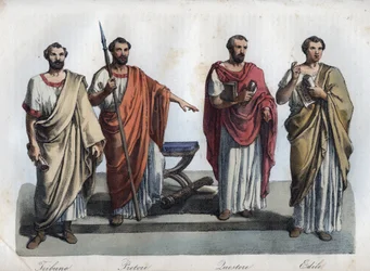 Muinaisen Rooman virkamiehet - Tribunus (tribuuni) - Praetor (preetori) (virkamies) - Quaestores (kvestorit) - Aediles (ediilit), kaiverrus teoksesta "Usi e Costumi di Tutti i Popoli dell