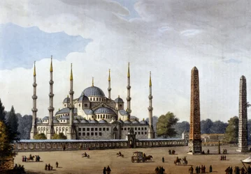 ntinopoli. Pyhän Sofian moskeija (Hagia Sophia). Kaiverrus 1800-luvun lopulta