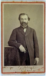 Muotokuva säveltäjä Giuseppe Verdistä (1813 - 1901). 1840-luku. Valokuva, jossa on nimikirjoitus.