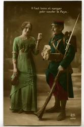 Sota 1914 - 1918 (14-18): aikakauden postikortti, jossa ranskalaissotilas sinihorisonttisessa univormussa (sininen horisontti) ottaa nuoren naisen hänelle tuomaa leipää ja viiniä: juo ja syö pelastaaksesi maan - ruoka -
