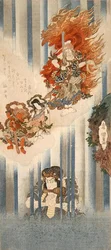 Näyttelijät Ichikawa Danjuro VII Mongakuna ja Matsumoto Koshiro V Fudo-myoona (ylhäällä)