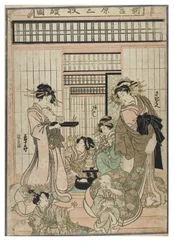 Kohtaus Shin Yoshiwarasta (triptyykki). Bordellin sisätila Yoshiwaran kaupunginosassa, kurtisaaneja ja asiakkaita, noin 1830-1843 (puupiirros paperille).