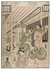 Kohtaus Shin Yoshiwarasta (triptyykki). Bordellin sisätila Yoshiwaran kaupunginosassa, kurtisaaneja ja asiakkaita, noin 1830-1843 (puupiirros paperille).