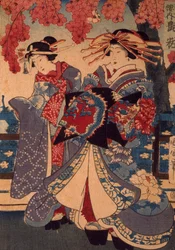 Kaksi naista kukkapuutarhassa, Utagawa Kunisada, puupiirros, kreponitekniikka