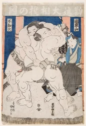 Sumopainien taistelu. Print Utagawa Kunisadasta (1786-1865) - Sumo Wrestlers in Action, kirjoittanut Kunisada (Toyokuni III), Utagawa (1786-1865). Värillinen puupiirros. Mitat: 37,5x26 cm. Yksityinen kokoelma