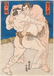 Taisteluta taistelijoita Uzugafuchista ja Washigahamasta. Estampe de Utagawa Kunisada (1786-1865), versio 1830 - Painiottelu Uzugafuchi vs Washigahama, kirjoittaja Kunisada (Toyokuni III), Utagawa (1786-1865). Värillinen puupiirros, c. 1830. Mitat: 37x26 c