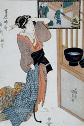 Tigerin tunti, seitsemäs aamun tunti, n. 1818, Ukiyo-e-taidevedos, Utagawa Kunisada (1786-1865) teoksesta The 12 hours in Yoshiwara, Oban-tate-e-puupiirros, 37x24,9 cm, japanilainen sivilisaatio