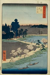 Azuma no mori -pyhäkkö ja kietoutunut kamferi Sata kuuluisaa näkymää Edosta, 1856-1858
