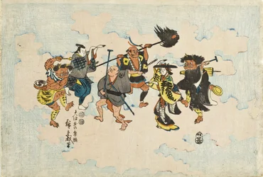 Ōtsu-e-kansanmaalausten hahmot tanssivat Bon-odoria
