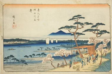 Kirsikankukkia täydessä kukassa Sumida-joen varrella (Sumidagawa hanazakari), sarjasta "Itäisen pääkaupungin kuuluisia paikkoja (Toto meisho)"