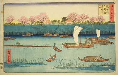Kirsikkapuut Sumida-joen rantakadulla Mimeguri Inarin pyhäkössä (Sumidagawa Mimeguri Inari tsutsumi no hana), sarjasta "Famous Places in Edo (Edo meisho)"