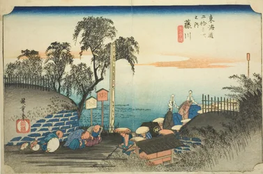 Fujikawa: Näkymä postin laitamille (Fujikawa, bohana no zu), sarjasta "Fifty-three Stations of the Tokaido (Tokaido gojusan tsugi no uchi)," tunnetaan myös nimellä Hoeido Tokaido
