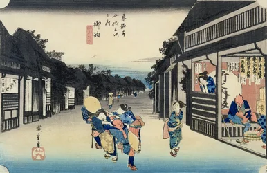 Goyu: Tarjoilijattaret houkuttelevat matkailijoita, sarjasta "Tōkaidōn 53 asemaa", julkaistu 1833-34