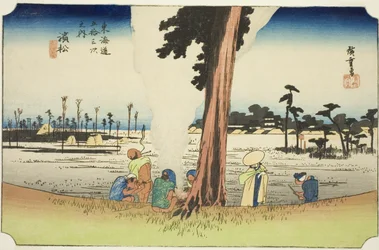 Hamamatsu: Talvikohtaus (Hamamatsu, fuyugare no zu), sarjasta "Fifty-three Stations of the Tokaido (Tokaido gojusan tsugi no uchi)," tunnetaan myös nimellä Hoeido Tokaido