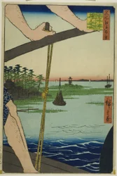 Hanedan lautta ja Bentenin pyhäkkö (Haneda no watashi Benten no yashiro), sarjasta "Sata kuuluisaa näkymää Edosta (Meisho Edo hyakkei)".
