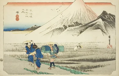 Hara: Fuji-vuori aamulla (Hara, asa no Fuji), sarjasta "Tokaido Roadin viisikymmentäkolme asemaa (Tokaido gojusan tsugi no uchi), joka tunnetaan myös nimellä Hoeido Tokaido