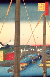 Inarin silta ja Minato-pyhäkkö, Teppozu, levy 77 sarjasta Sata kuuluisaa Edon näkymää, Edo-kausi, Ansei-aika, 1857 (puupalikkaprintti)