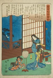 Kewaizaka no Shosho leikkaa hiuksiaan tullakseen nunnaksi sarjasta "Illustrated Tale of the Soga Brothers (Soga monogatari zue)"