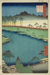 Kumano Junisha -pyhäkkö Tsunohazussa, joka tunnetaan myös nimellä Juniso (Tsunohazu Kumano Junisha, zokusho Juniso), sarjasta "Sata kuuluisaa näkymää Edosta (Meisho Edo hyakkei)"