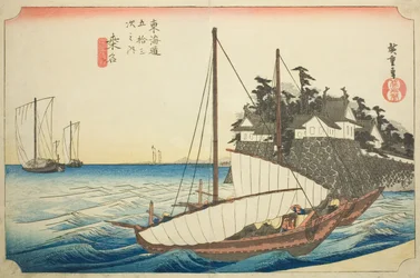 Kuwana: Shichirin lauttaristeyksen laskeutuminen (Kuwana, Shichiri watashiguchi), sarjasta "Tokaidon viisikymmentäkolme asemaa (Tokaido gojusan tsugi no uchi)", joka tunnetaan myös nimellä Hoeido Tokaido